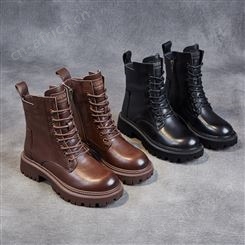 尾货女鞋真皮马丁靴女头层牛皮加绒秋冬天单棉靴短靴厚底